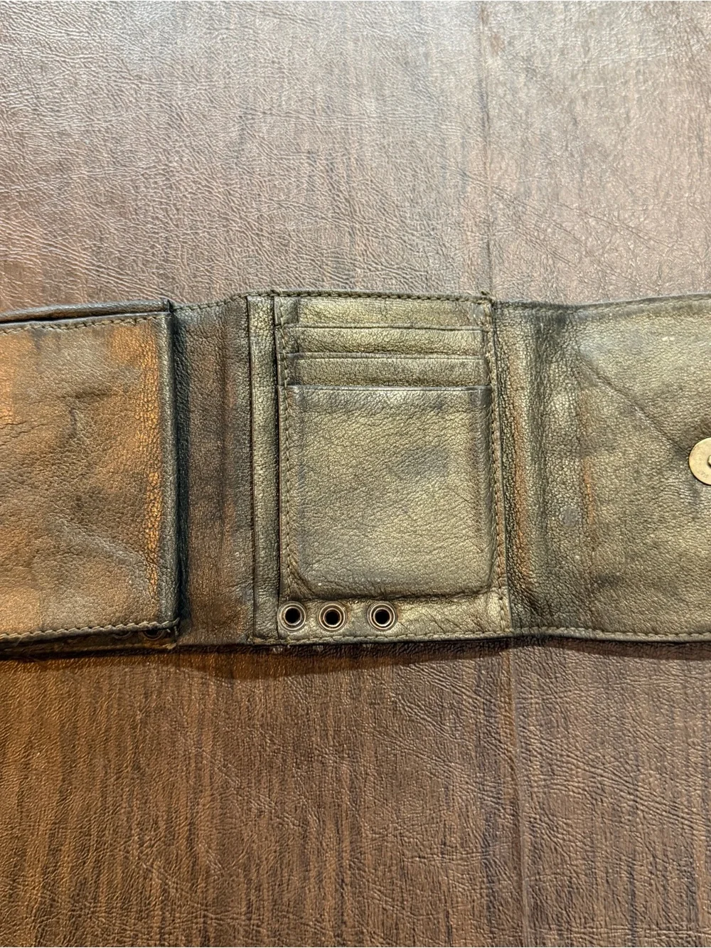 Vintage Betsey Johnson Studded Leather Trifold Wallet Olive Green